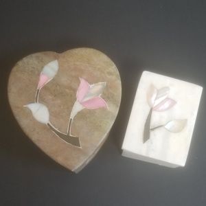 2 Marbled Soapstone Pearl Inlay Trinket Boxes